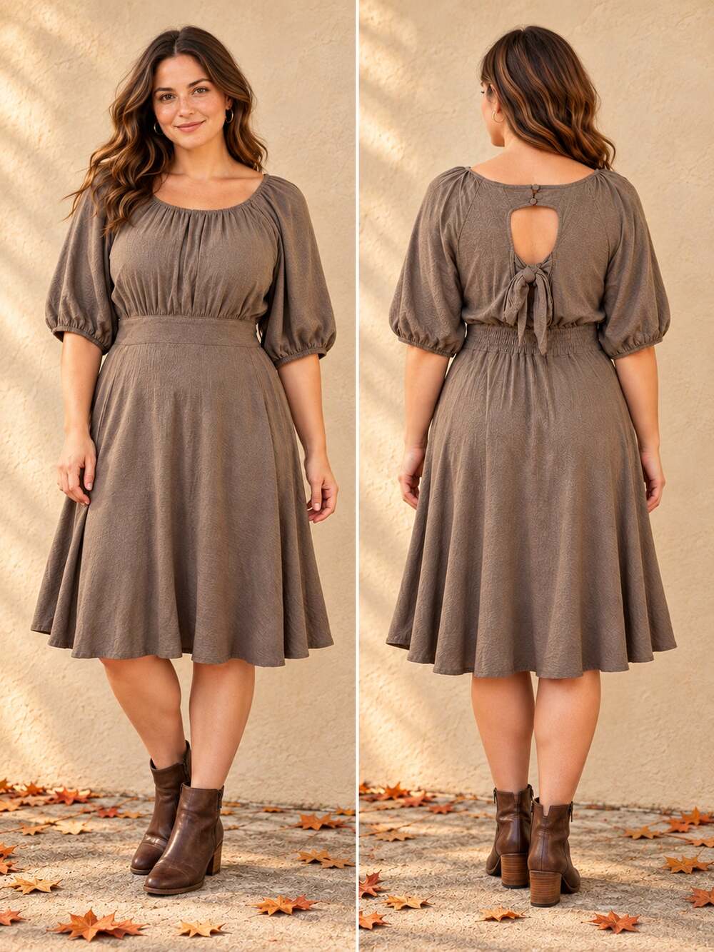Torrid Skater Dress 00 Medium 8 10 Taupe Brown Puff Sleeve Tie Back Cottagecore